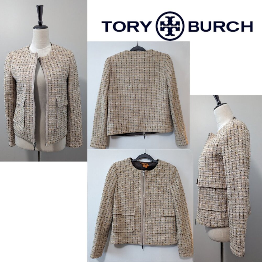 Tory Burch Tweed Boucle Zip Front Beige Multicolor Blazer  Jacket